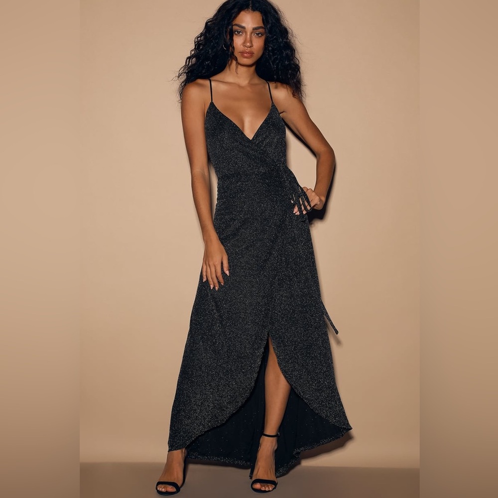 Lulu’s Celestial Black & Silver Wrap Dress NWT